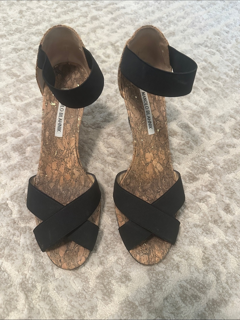 Manolo Blahnik Black Cork-Inset Crisscross Ankle-Strap Heels